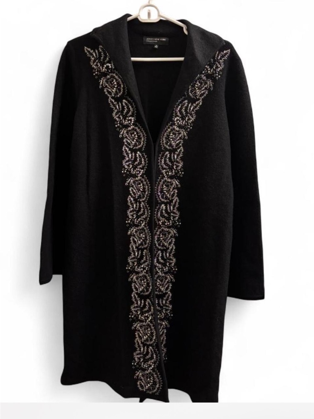 Beautiful Jones New York Collection long black open-front cardigan Merino - Picture 2 of 8
